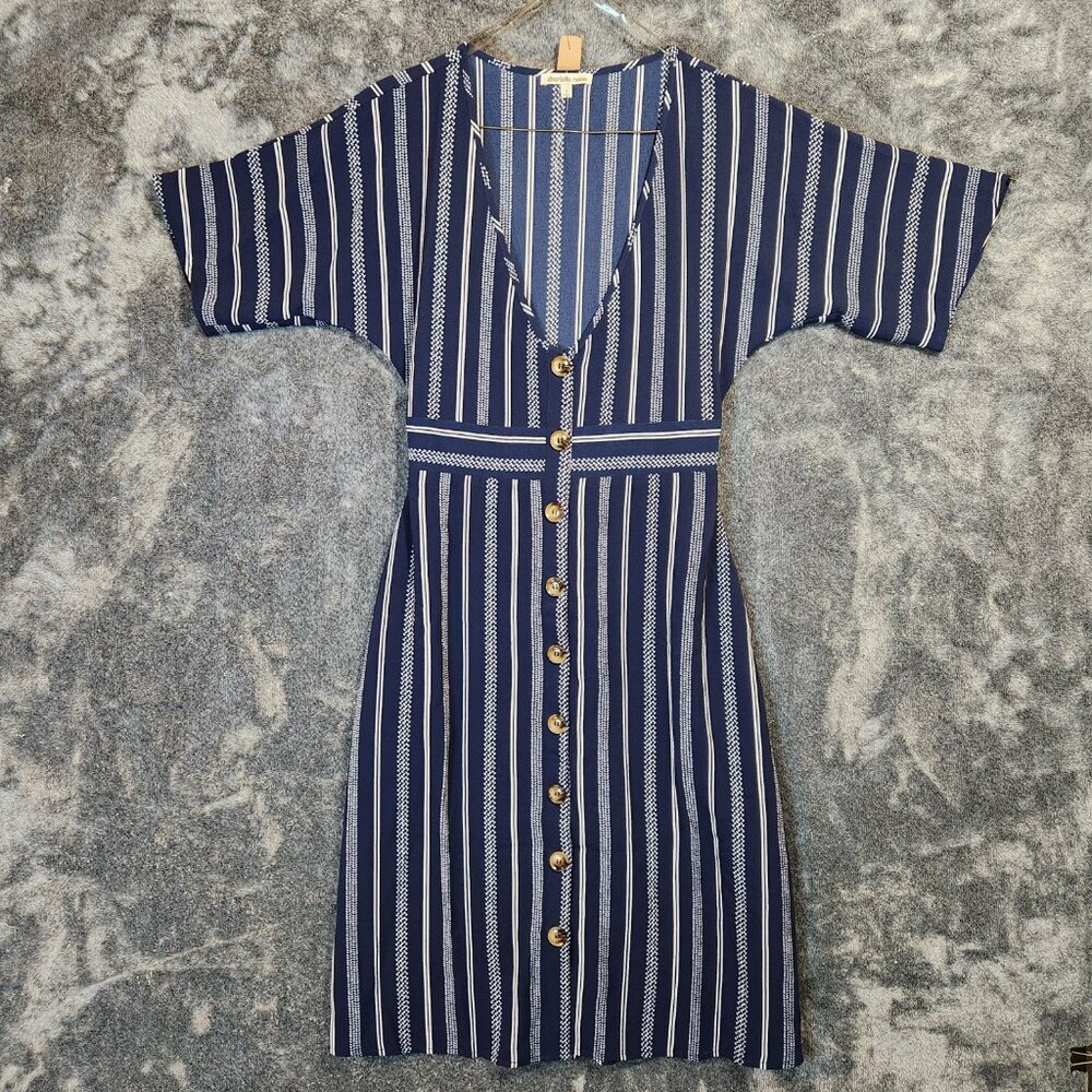 NWT Charlotte Russe V Neck Button Up Back Tie Striped Mini Dress Blue Size Small - Picture 2 of 12